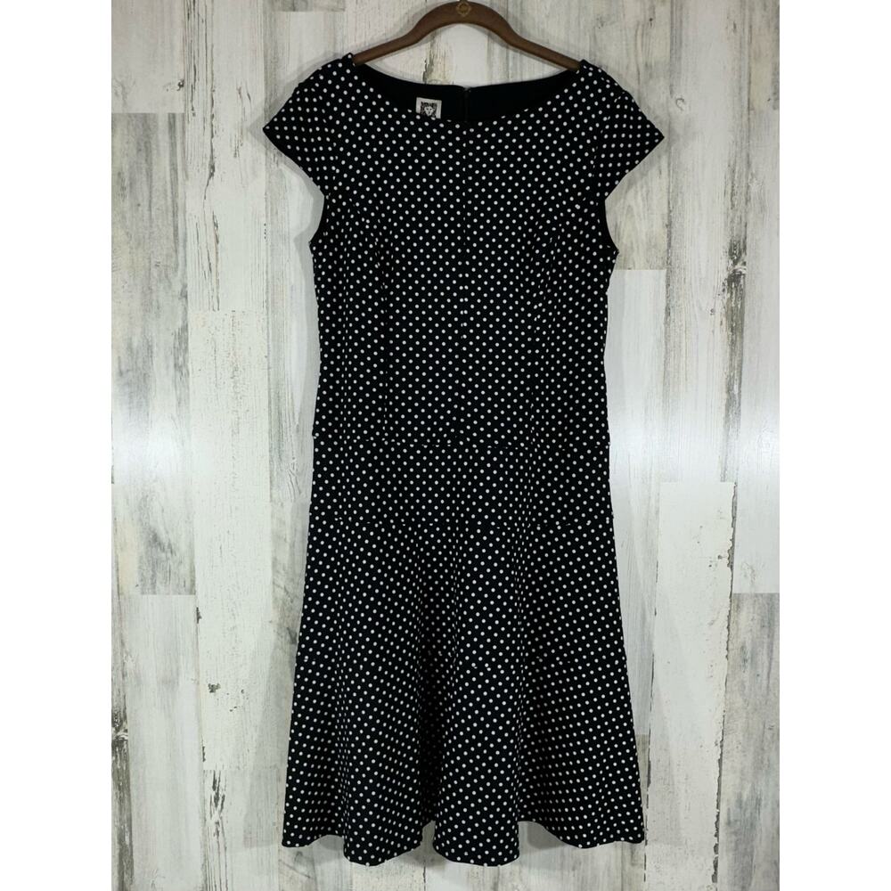 Anne Klein Dress 6 Black White Polka Dot A-line Ponte Knit Cap‎ Sleeve Boat Neck